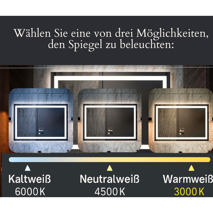LED дзеркало для ванної кімнати з підсвічуванням, настінне, диммер, колір світла: теплий, холодний, нейтральний, сучасний дизайн, антизапар, енергозберігаюче, 50 x 120 см
