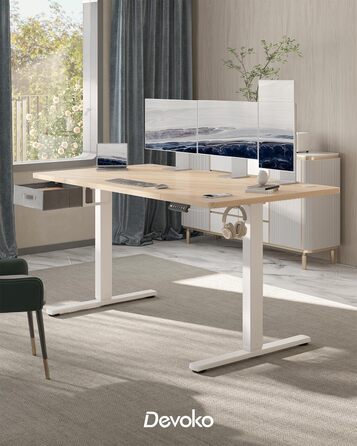 Регульований стіл Devoko 160x80 см з висувними ящиками, USB-порт, органайзер для кабелів, стіл для комп'ютера з 3-ма пам'ятними функціями, білий