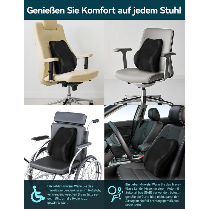 Подушка для спини Ergonomisches RückenKissen Travel Ease з гелевою піною Memory Foam, для офісного крісла, з антистатичним, приємним до шкіри чохлом, для комфортної посадки (Чорний)