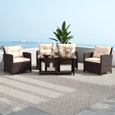 Садовий набір меблів GIANTEX з ротангу для балкона та тераси: 2 крісла та стіл, коричневий ротанг + коричневі подушки