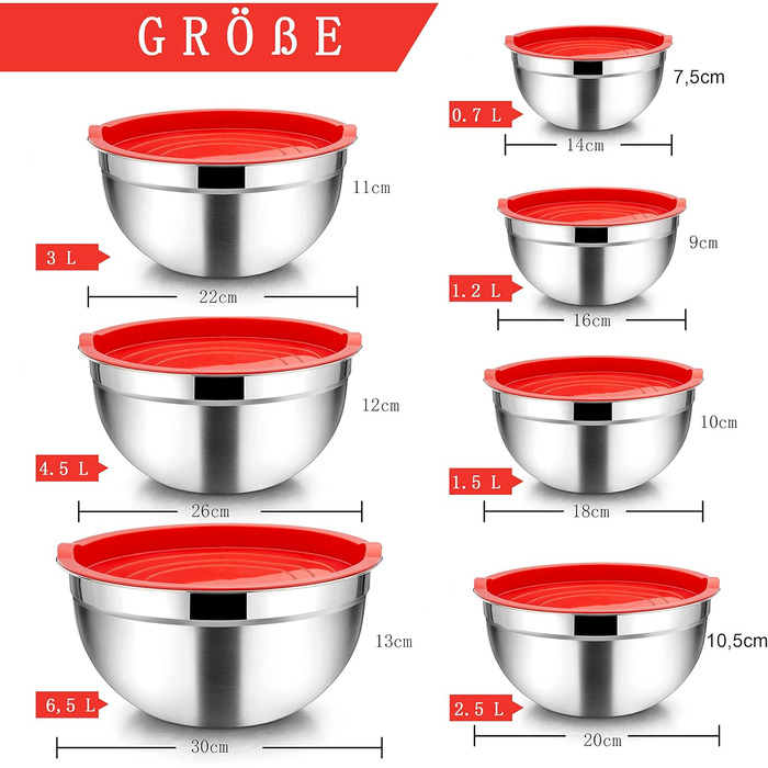Набір мисок Homikit з нержавіючої сталі: для приготування, випічки та сервірування. 6.5/4.5/2/2.5/1.5/1.2/0.8 л (Червоний, 7)