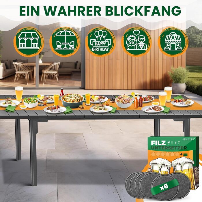 Розсувний садовий стіл KESSER® 180/240x90 см для 8 осіб, з розширенням, сталеве покриття, стільниця HDPE, вологостійкий, UV-стійкий, в комплекті 6 підставок