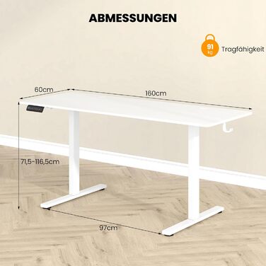 Електричний регульований стіл GYMAX 160x60 см з 3 рівнями пам'яті та системою антиколізії, білий. Комп'ютерний стіл з гачками та отворами для кабелів
