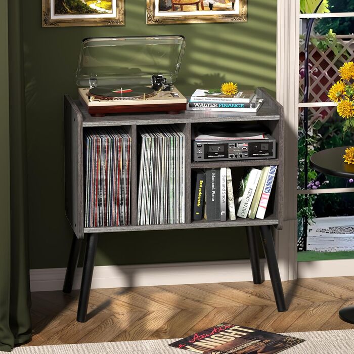 Стіл для програвача, стійка для програвача середини століття з місцем для зберігання вінілу (до 150+ альбомів), шафа для вінілових платівок з регульованими полицями (Сірий)