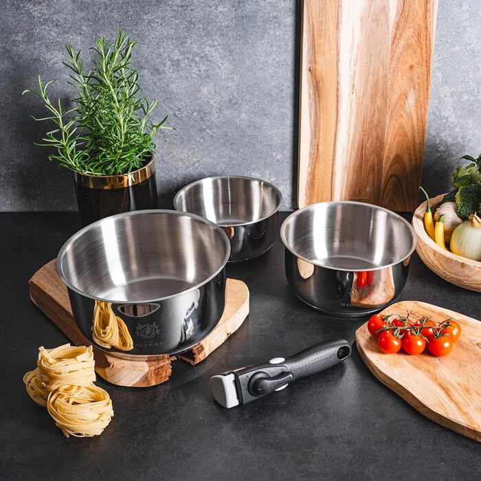 Набір каструль з знімними ручками (3 шт.) - нержавіюча сталь з покриттям - для всіх типів плит