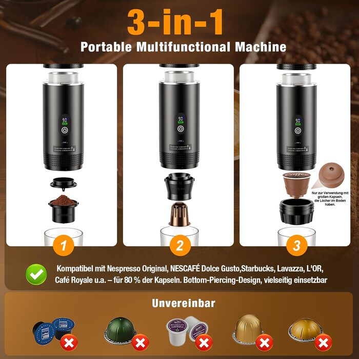 Міні кавомашина FNITAER для подорожей: 3-в-1, акумулятор, USB, капсули та мелена кава, для авто, кемпінгу, чорний