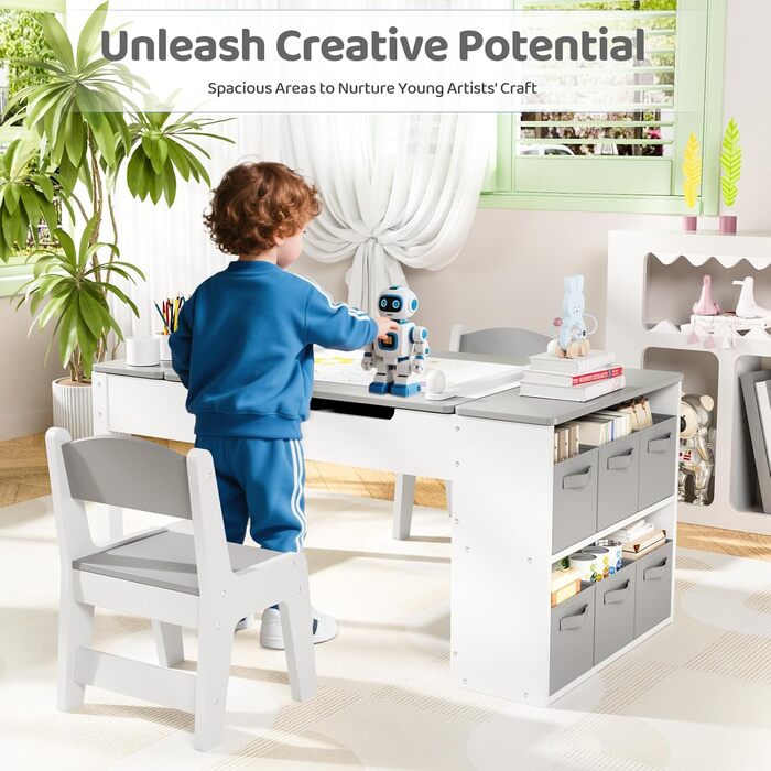 Дитячий стіл MAMIZO з 2 стільцями: дерев'яний стіл для ігор з місцем для зберігання, комплект меблів для дітей 3+ (сірий)