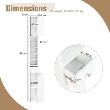 Тумба для ванної кімнати GIANTEX, 20x20x180 см, вузька з шухлядою, 2 дверцята та 5 полиць, біла