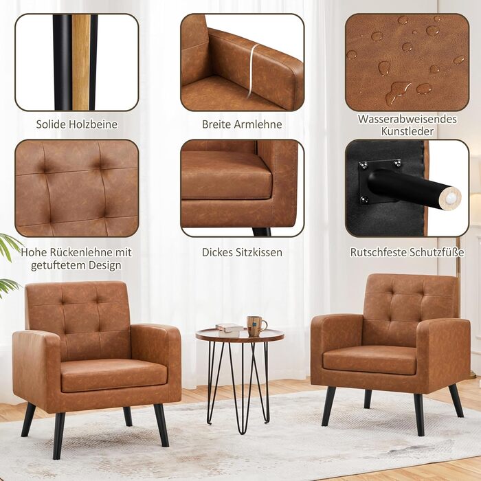 Крісло-мішок Yaheetech з підлокітниками, коричневе, з поліуретану, до 136 кг, для вітальні