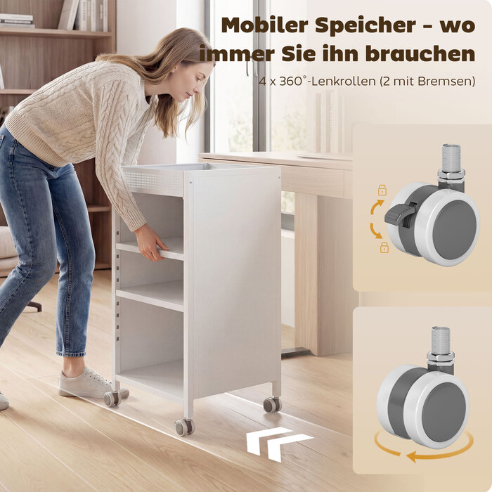 Мобільна полиця для книг з регульованими полицями, 3-рівнева візок з верхньою корзиною, білий