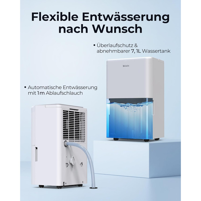 Електричний осушувач повітря 12L з таймером, для підвалів та приміщень до 122м³, з фільтром та 1м шлангом, 10 років гарантії, 50л/день