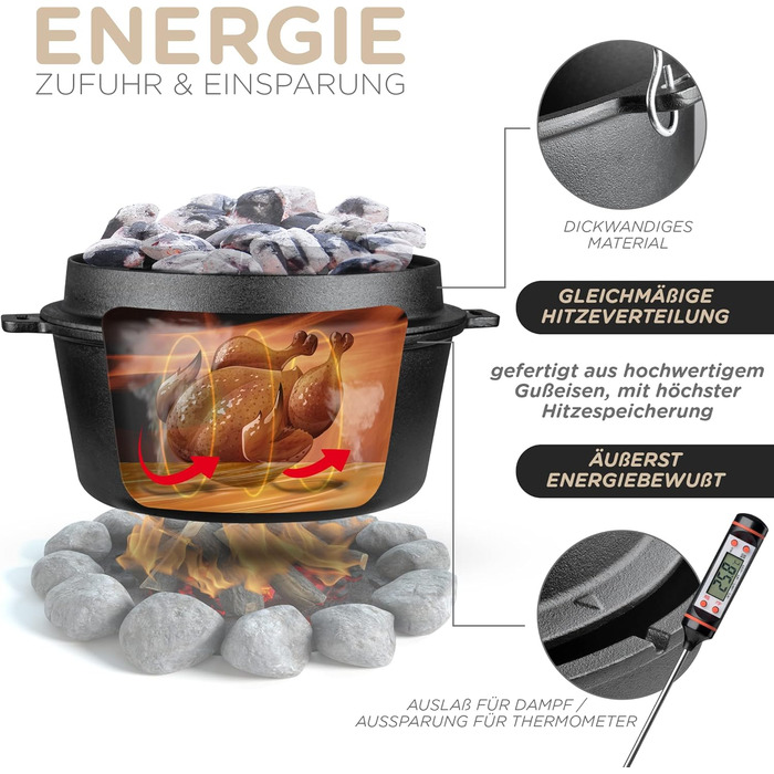 Чавунний казан JAXX Roadhouse Original Dutch Oven (9л) з кришкою, піднімачем та сумкою для перенесення, для відкритого вогню та плити