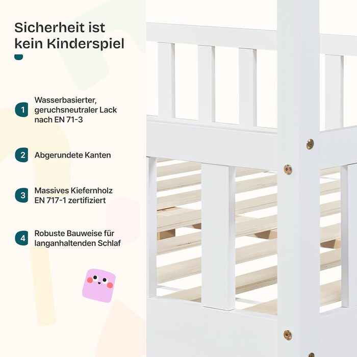 Дитяче ліжко en.casa Treviolo з матрацом 70x140 см, будиночок, дерево, Montessori, з бар'єром, ламелі, сосна, білий