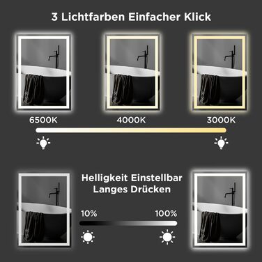 Дзеркало у ванну кімнату з підсвічуванням 50x70 см, сенсорне керування, протитуманне покриття, 3 кольори світла, регулювання яскравості, пам'ять налаштувань, матове покриття, прямокутна форма