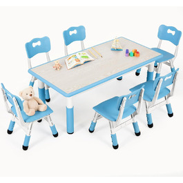 Дитячий стіл зі стільцями (6 шт.) - комплект для дитячого садка та кімнати, регульована висота, пластикові меблі, сидіння для хлопчиків та дівчаток (блакитний)