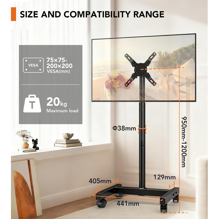 Підставка для телевізора Hemudu на колесах 23-60 дюймів, VESA 400x400, до 35 кг, регульована висота