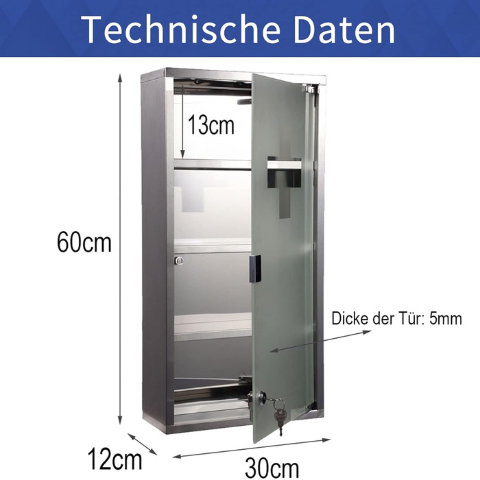 Шафа для ліків з ключем, 60x30x12 см, 4 відділення, металева, з дверцятами зі скла, включаючи 2 ключі (біла)