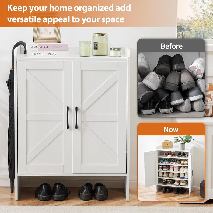 Шафа для взуття 5-ярусна в стилі фермерського дому з 2 дверцятами, самостійна шафа для взуття з регульованою полицею та металевими кутовими прикрасами для передпокою та коридору, біла