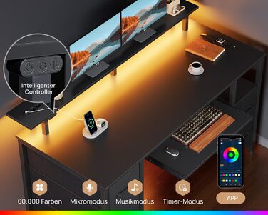 Комп'ютерний стіл Rolanstar з ящиками, 120x47 см, ігровий стіл з розеткою, LED-підсвітка та підставка для монітора, стіл для дому, офісу, вітальні, білий (чорний)