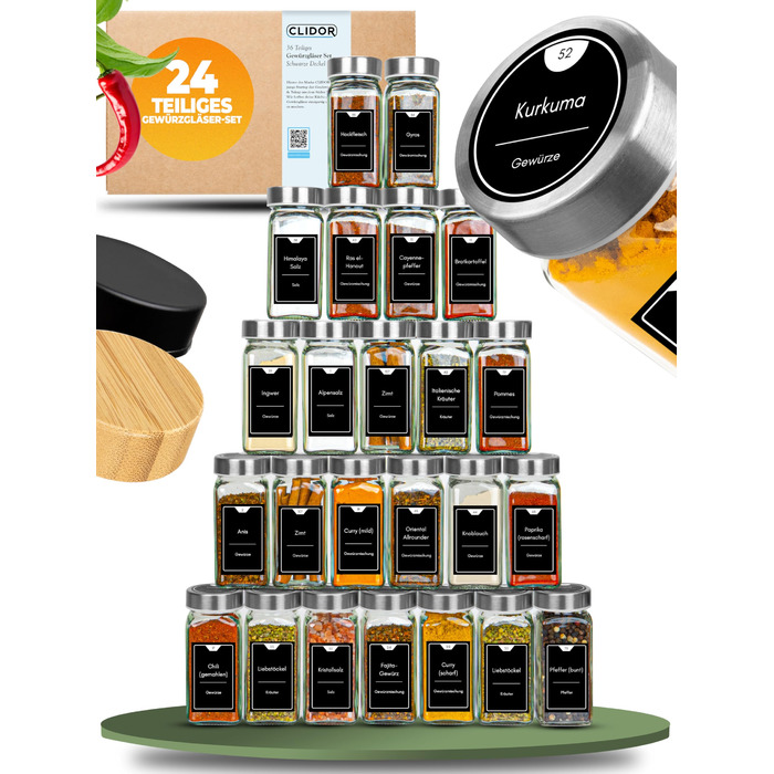 Набір банок для спецій 24 шт. (125 мл) з дозатором, етикетками та кришками з нержавіючої сталі