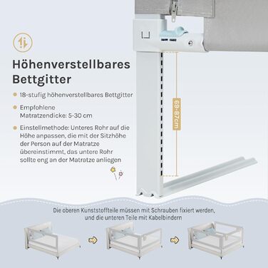Бортик для ліжка WOLTU 150 см, захисний бортик для дітей та немовлят, висота регулюється 69-87 см, тканина Оксфорд, металевий каркас, світло-сірий