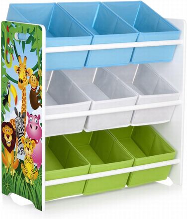 Полиця для іграшок Leomark - Jungle - Дерев'яна полиця з 9 ящиками, Полиця для зберігання для дітей, Полиця для іграшок з коробками, Дитяча полиця, Барвистий органайзер, Висота 68 см