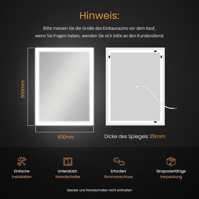 Дзеркало для ванної кімнати EMKE з підсвічуванням 120x60 см, антизапарник, кнопковий вимикач, тепле та холодне світло, IP44, енергозберігаюче