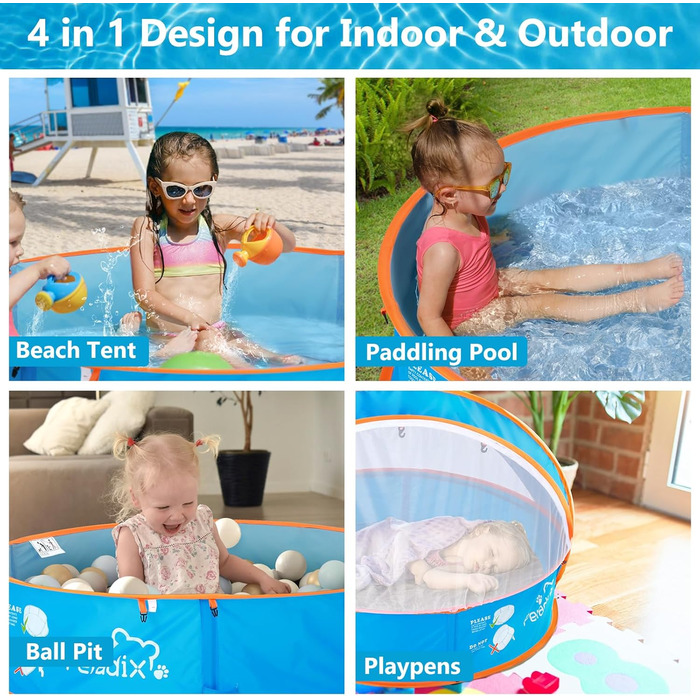Дитяче ігрове басейн Peradix 4-в-1 з UV-захистом, басейн з кульками, намет, пляжний намет з москітною сіткою, портативне ігрове намет, басейн з кульками, сонцезахист, літо, для дітей (Блакитний)