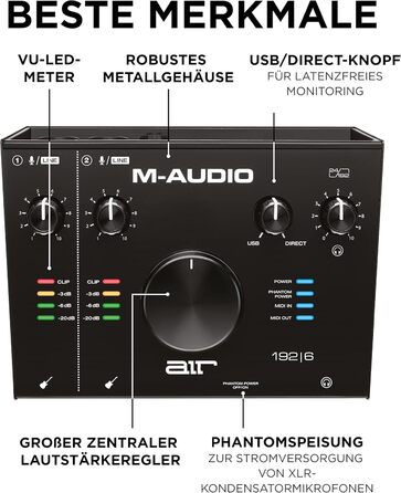 M-Audio Air 192|6: USB аудіоінтерфейс для запису в студійній якості з 2 XLR/Line входами та програмним забезпеченням AIR 192|6 (Чорний)