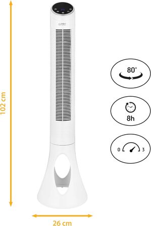 Перший вежовий вентилятор TZS Austria з дистанційним керуванням Вентилятор на п'єдесталі 102 см Коливання 80 Функція таймера 3 етапи дуже тихий вентилятор з сенсорним датчиком дисплея - білий