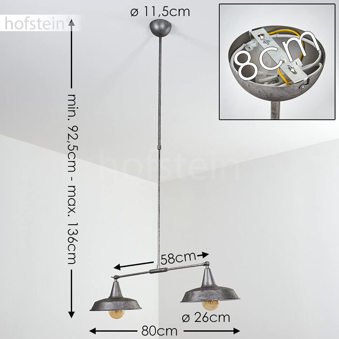 Підвісний світильник Chicopee, підвісний світильник на 2 лампи з металу сріблястого/білого кольору, промисловий дизайн, висоту лампи можна регулювати за бажанням, з регульованими плафонами, 2 x E27, без лампочки