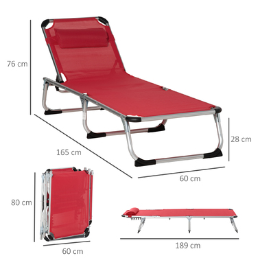 Outsunny Sun Lounger Садовий шезлонг 5-позиційний регульований складний ергономічний з сіткою червоний 165 x 60 x 76 см для відпочинку на свіжому повітрі
