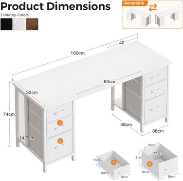 Комп'ютерний стіл Coleshome з 6 шухлядами, 160x52 см, білий для дому та офісу