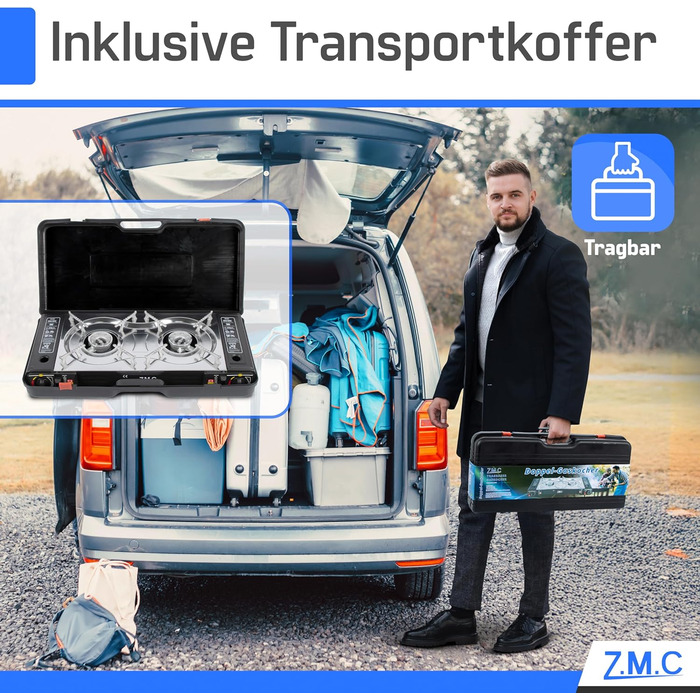 Газовий набір для кемпінгу ZMC: 2-горілкова плита, адаптер для LPG, 4 балончики 227г, кейс, 2.5kW, Piezo-запалювання, для відпочинку на природі та вдома