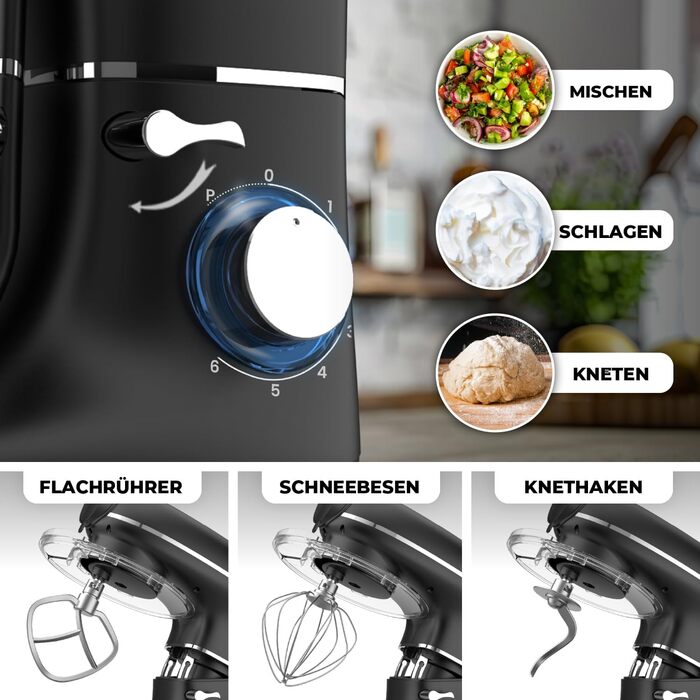 Кухонний комбайн з машиною для пасти – 2000W, електричний, з чашею 6.2L з нержавіючої сталі (чорний)