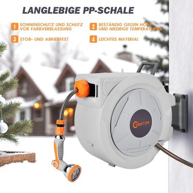 Висувна касета для садового шлангу на стіну, 2м шлангу + пістолет для поливу, повільне автоматичне змотування, фіксація шлангу на будь-якій довжині, поворотна кріплення 180°, максимальна довжина шлангу 30м