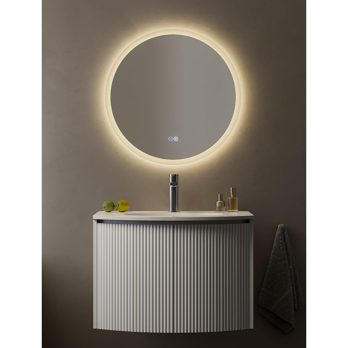 Дзеркало для ванної кімнати HOROW круглої форми з підсвічуванням, 80 см, LED, регулювання кольору світла (холодне, тепле, нейтральне), диммування, антизапар, без рами, IP44, енергозберігаюче (60x60 см)