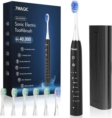 Електрична зубна щітка Sonic з 6 режимами, 3 інтенсивностями, 40000 вібрацій/хв, IPX7, акумулятор 90 днів, таймер, для подорожей, чорна