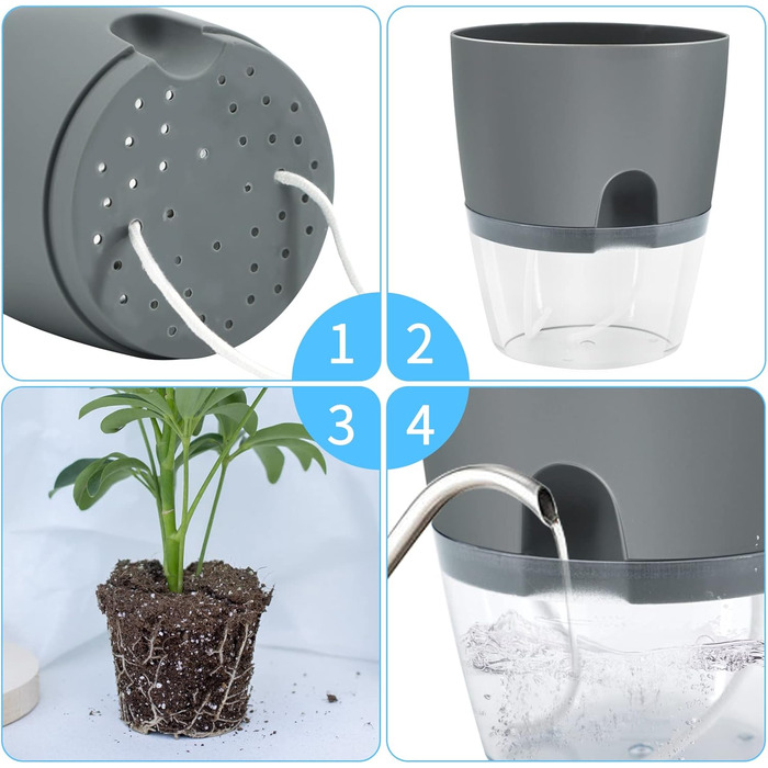 Набір горщиків для квітів та трав 6 шт. з автополивом, сірий - 22.3/15.3/10.5/8.2 см