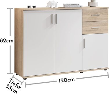 Комод Stella Trading BOBBY дуб Sonoma/White - сучасний сервант з місцем для зберігання, 120x82x35 см, 3 дверцята, 2 висувних ящика