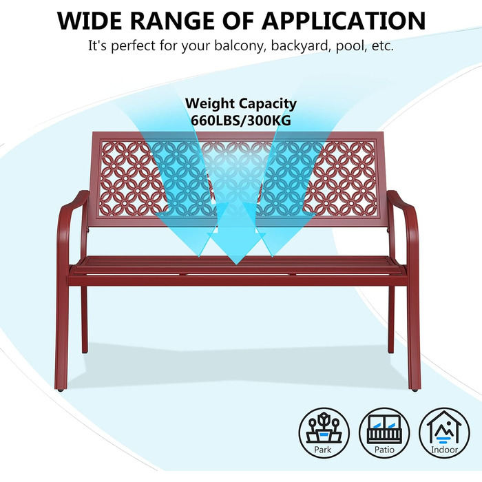 Металева лавка Grand Patio для саду, парку, балкону, на 2-3 особи. Лавка з підлокітниками та спинкою, ретро-стиль, сталь, чавун, колір Bossa Nova Rot