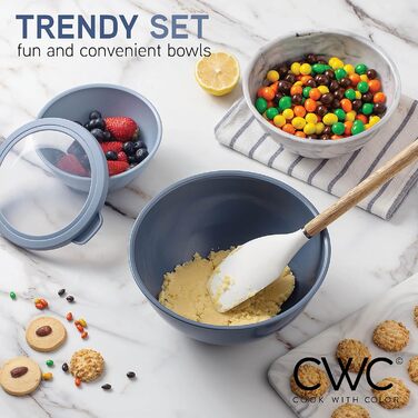 Набір мисок для змішування Cook With Color (12 шт.) з кришками TPR – 6 мисок для приготування їжі та 6 кришок, підходить для мікрохвильової печі (синій та білий)