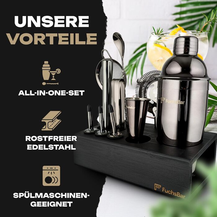 Набір для коктейлів, 8 предметів, нержавіюча сталь, з шейкером, стрейнером, ложкою, рецептами та аксесуарами – ідеальний барний набір для дому, вечірок та як подарунок