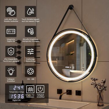 Дзеркало для ванної кімнати YOURLITE з підсвічуванням, 60 см, кругле, LED, 3 кольори, регулювання яскравості, сенсорний вимикач, антизапарник, пам'ять, IP44, чорний