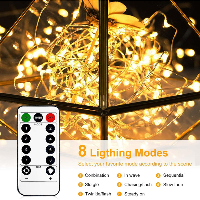 Льоко́ва гірлянда на батарейках, 5 метрів, 50 LED, з таймером та пультом, 8 режимів, вологостійка, тепле біле світло, для декору приміщень та саду, 6 шт.