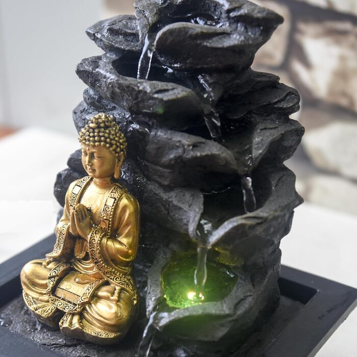 Штучний фонтан для саду Zen Light Shira - чорний, з LED-підсвіткою та насосом, з штучного каміння