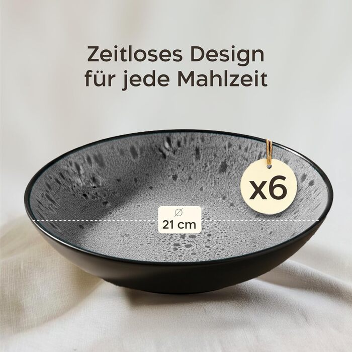 Набір посуду Twinzee Steingut 24 шт. для 6 осіб: тарілки та миски - серія Riviera (Perla, глибокі тарілки (x6))