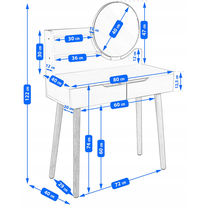 Туалетний столик Jumi, світлий дуб, з дзеркалом та 2 шухлядами, матовий, 80x122x40 см