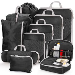 Набір органайзерів для валізи та рюкзака 10 предметів, компресійні сумки для одягу та речей у подорож, чорний