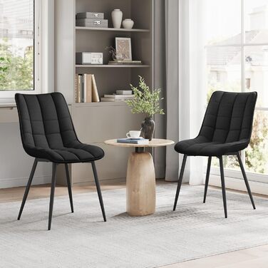 Набір з 2-х кухонних стільців WOLTU для вітальні, кухні, їдальні, чорного кольору, з м'якою спинкою та сидінням з льону, металеві ніжки, до 150 кг